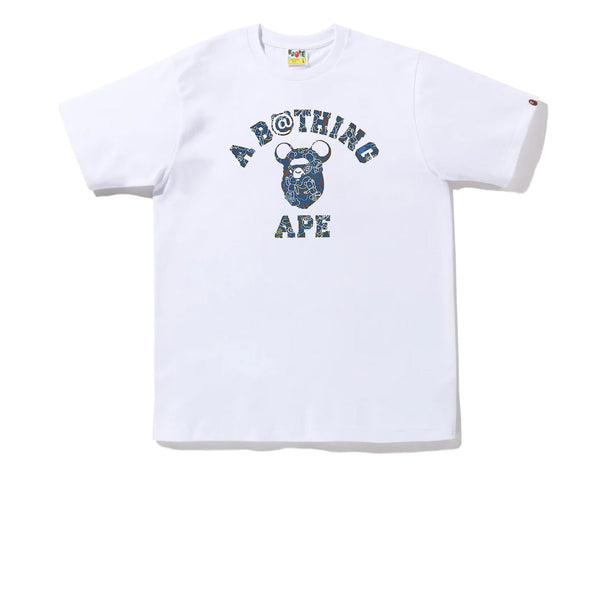 BAPE X BEARBRICK CAMO BEAR COLLEGE TEE BLUE WHITE