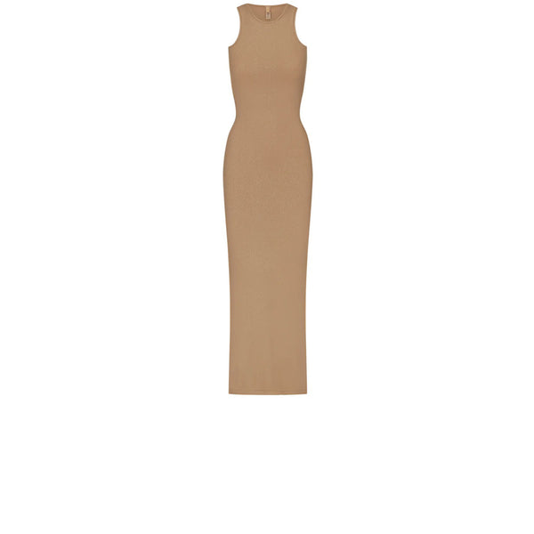 SKIMS SOFT LOUNGE SHIMMER MAXI DRESS CAMEL FOIL