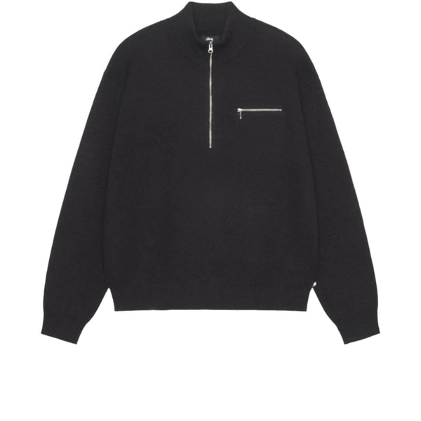 STUSSY HALF ZIP MOCK NECK SWEATER BLACK